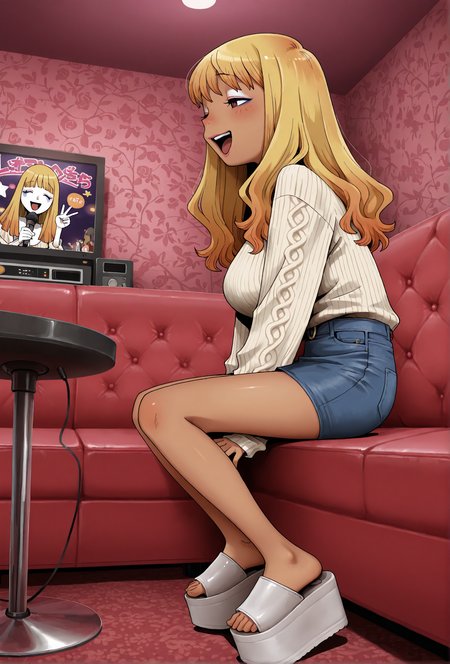 masterpiece, best quality, 
by onikobe rin,
from side, (low angle:1.1),
1girl, tan skin, gyaru, 
sweater, denim skirt,
large breasts, 
(l4c4rte sandals), (platform footwear), (white footwear:1.1),
feet, toes, 
(blonde hair), (white makeup),
cute face, perfect face,
sitting on leather couch,
karaoke box, karaoke, microphone,