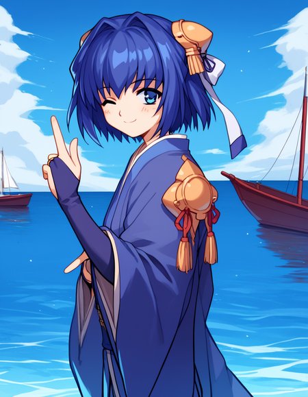 score_9, score_8_up, score_7_up, source_anime, <lora:daiakuji-yume-ova-ponyxl-lora-nochekaiser:1>, yume, short hair, blue eyes, hair ornament, blue hair, hair intakes, ribbon, hair ribbon,, long sleeves, japanese clothes, bridal gauntlets,, harbor, boats, water, dock, trade, smile, <lora:double-finger-gun-ponyxl-lora-nochekaiser:1>, double finger gun,, blush, smile, one eye closed, from side, looking at viewer, solo,, dutch angle, cowboy shot