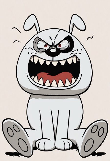 (score_9 | score_8_up | score_7_up) ((masterpiece:1))(best quality,very high quality,ultra detailed:1.2) (2D,cartoon style,anime style)(Smooth:2)(clean blurring) (four fingers on each hand,one thumb on each hand:1), solo, charles, dog, black spot on left eye, white, paw, dog paws, runaway brain, monstrous look, angry face, exagerated features, intense eyes, aggressie expression, hunched, menacing, sharp teeth, hunched over, full body