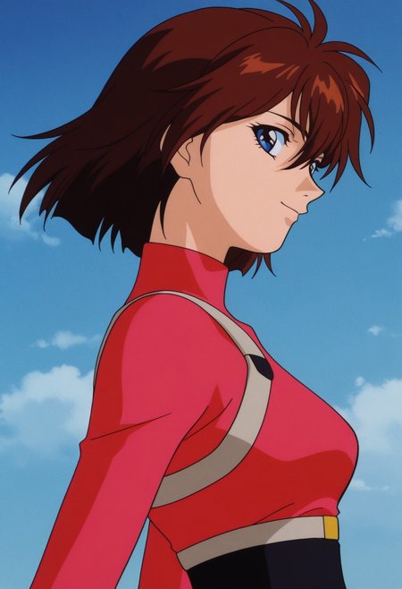 masterpiece, best quality, source_anime,official art,perfect_anatomy,1990s_\(style\),retro_artstyle,1girl, iiko isami,  blue eyes, brown hair,  short hair,  hair between eyes,  bangs,red bodysuit,turtleneck,profile,looking_at_viewer,happy,smile,upper body, high-waist skirt,from side,day,blue_sky,cloud