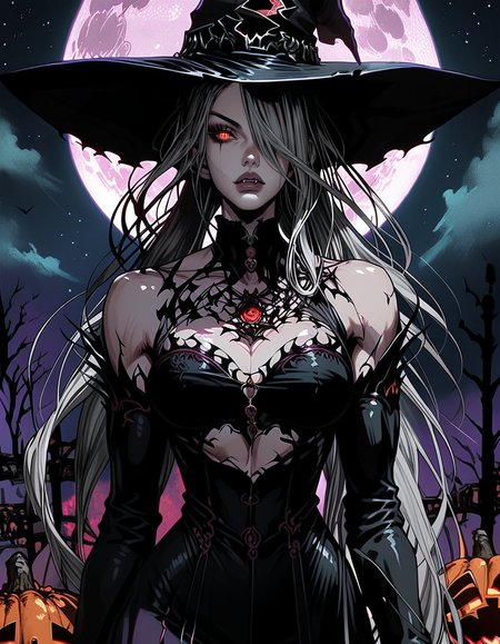 1girl, 
shalltear bloodfallen, 
zPDXL3, BREAK Expressiveh, muscular female, narrow waist, fit, skinny, petite, gthan, gothic, d3t41l3d GLSHS 
light depth, dramatic atmospheric lighting, Volumetric Lighting, grey hair, long hair, ponytail, red eyes, slit pupils, vampire, halloween, halloween costume, outdoors, witch, witch hat, full moon, starry sky, night sky, solo, night, star \(sky\), looking at viewer, moon, sky, star \(symbol\), hat, glowing, purple sky, claws, abs, bare shoulders, very long hair, hair over one eye, glowing eyes, 
score_9, score_8_up, score_7_up, score_6_up
 <lora:add-detail-xl:2> <lora:Expressive_H:0.8> <lora:sinfully_stylish_SDKL:0.4> <lora:muscular:1> <lora:GTHAN2:0.8> <lora:d3t41l3dXLP:0.7> <lora:GLSHS_-_V3N:0.5>