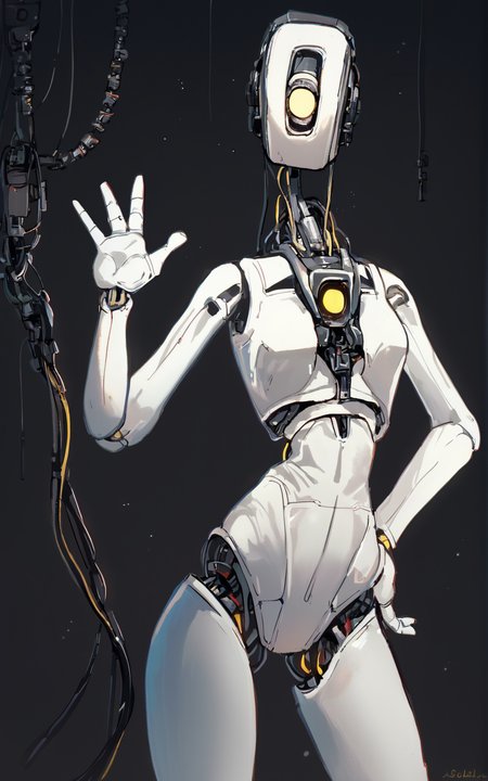 score_9, score_8_up, score_7_up,((best quality)), absurdres, <lora:3d-2d:0.8>, <lora:GLaDOSSDXL:0.8>,GLaDOSSDXL,robot,humanoid robot, joints,yellow eye,one-eyed,no mouth, science fiction,standing,white skin,solo,slim,(cable),dark room , horror \(theme\), hand in hip, waving