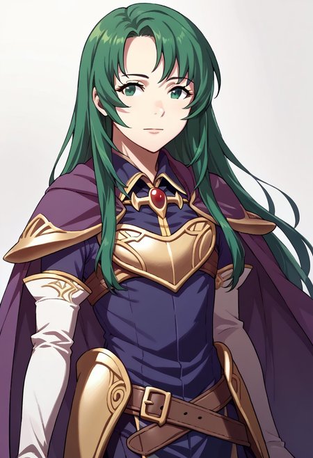 score_9, score_8_up, score_7_up, source_anime BREAK 1girl, solo, <lora:zs_AwakeningPortraitsXL:1> awakeningportraits, portraits, white background,  , <lora:fececilia-pdxl-nvwls-v1:1> defCeci, green hair, green eyes, purple cape, brooch, armored dress, purple dress, elbow gloves, white gloves, belt, light smile