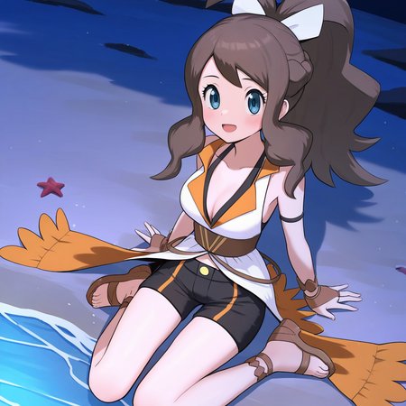 2d, masterpiece, best quality, amazing quality, highres, absurdres, newest, 1girl, solo, sitting, beach, night, from above, dutch angle, looking at viewer, medium breasts,  syghilda, blue eyes, brown hair, sidelocks, high ponytail, antenna hair, sleeveless dress, showgirl skirt, multicolored dress, white dress, orange dress, v-neck, bridal gauntlets, bracelet, black shorts, short shorts, sandals, brown footwear, block heels