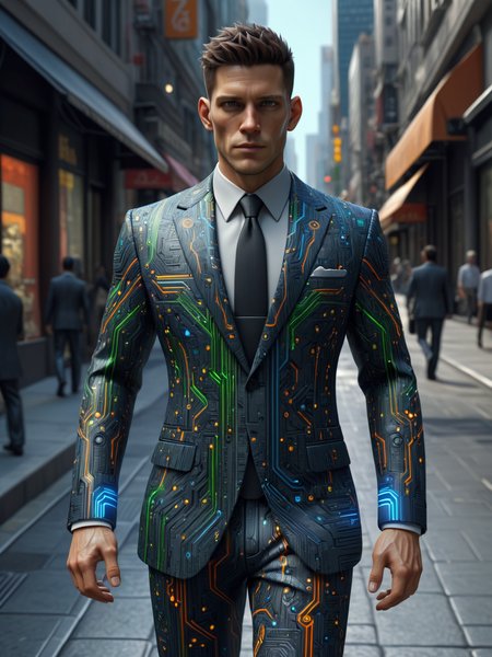 man wearing a mad-circuit business suit walking through city<lora:Colorful_Circuit_SDXL:0.6>, (masterpiece:1.2), best quality, (hyperdetailed, highest detailed:1.2), high resolution textures