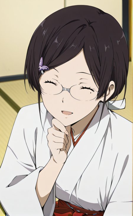 masterpiece, best quality, highres, newest, 1girl, solo, official style, anime screencap, <lora:IL_Juumonji_Kaho_v2:1>, miko kaho, black hair, closed eyes, butterfly ornament, parted bangs, sidelocks, low ponytail, glasses, mole under eye, miko, red hakama, tatami, five finger, expressionless, centered image, smile, hand on chin, open mouth, cowboy shot, kneeling, from side