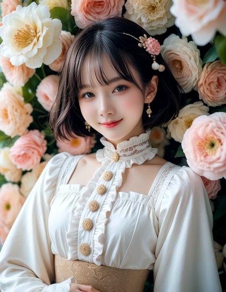 score_9, score_8_up, high quality, masterpiece,
[:natural skin, detailed skin, (skindentation:0.3):0.5], skin pore, pale skin,
cinematic light, finely detailed face, looking at viewer, (Composition from the waist up:1.4),
1 girl, 18year old, black short hair , naughty smile, Ruffled long sleeve shirt, hair ornaments,
lots of delicate flowers background, kissmilk, <lora:kissmilk_v12-10:0.7>