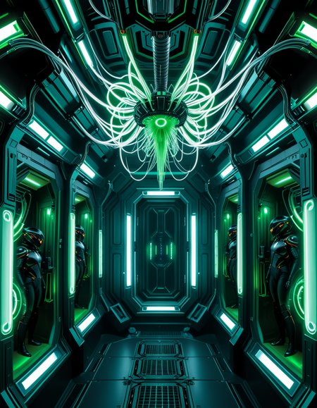 A dark, oppressive regeneration chamber deep within a Borg vessel â a biomechanical environment where drones return to recharge and interface with the collective. The chamber is dimly lit with pulsating green and white lights that flicker through dense shadows. The walls are lined with vertical alcoves, each containing a Borg drone standing motionless, plugged into the system via biomechanical tendrils, tubes, and neural interfaces embedded into their bodies.
The surfaces of the room are a fusion of metallic plating, organic texture, and cybernetic growths â as if the ship itself is alive, constantly shifting and adapting. Steam hisses softly from vents near the floor, and faint mechanical whirring echoes through the chamber. Fiber optic cables pulse with data transmissions, running across the ceiling like glowing veins. 
Above, a central neural conduit hangs like a mechanical spine from the ceiling, branching out and connecting to each alcove, feeding the collective hive mind with real-time information. The atmosphere is cold, sterile, and unnervingly silent â a place devoid of individuality, where only the will of the collective exists. There is no comfort here, only efficiency, order, and total control. 
<lora:SDXLFaeTastic2400:0.4> <lora:extremely_detailed:0.4> extremely detailed,<lora:borg_recharge_ch4mb3r:1>,borg recharge ch4mb3r, Masterpiece,best quality,hi res,8k,hi res,8k,award winning,(sharp focus, intricate, highly detailed),