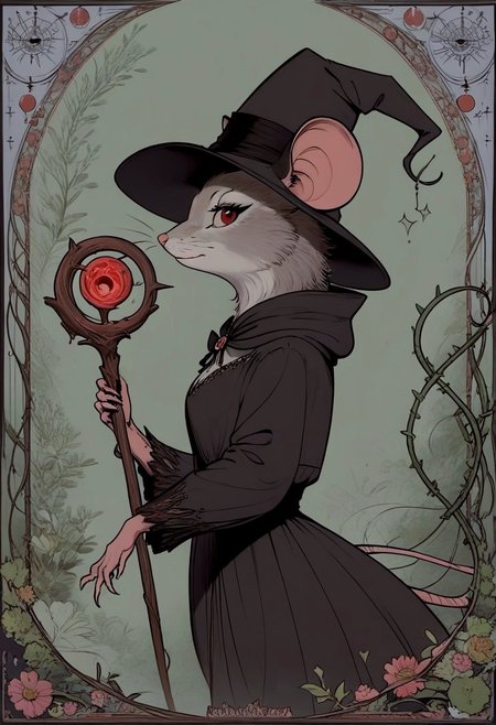 score_9, score_8_up, score_8, (solo), (fluffy:0.8), (feral), furry, (((mouse))), female, glowing red eyes, grey fur, (black ears:1.2), claws, (fluffy cheeks:0.4), black dress, witch hat), cute, in the style of beatrix potter, flat color, (side view, upper body shot:2), look at viewer, cruel expression, (holding magic staff), (art nouveau:1.5), thorns, vines