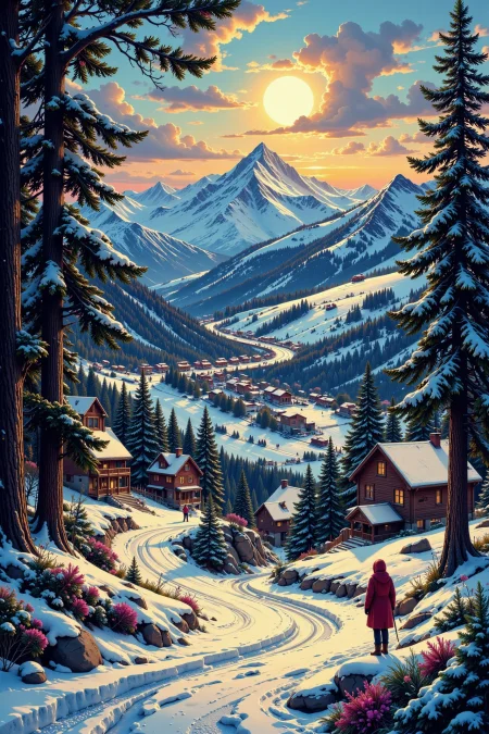 winter resort beautiful  landscape, golden hour, woman, very intricate, very detailed, sharp, bright, colorful, <lora:Hand v2:0.5> <lora:Anti-Blur:1><lora:Insane Detail Slider:0.25>  <lora:flux.1_lora_flyway_Epic-detail_v2:0.3> <lora:fluxenhancer:0.25> <lora:ck-Neon-Retrowave:0.4> ck-rw, in the style of ck-rw,  <lora:Neurocore Anime Cyberpunk:0.8> A digital artwork in the style of cknc