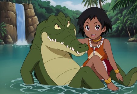 Tick tock crocodile,male animal focus,tail, crocodile , crocodile mouth open,smile ,green skin, blue eyes, Tick Tock the crocodile is giant and very huge size,teeth, crocodile swimming and submerged in the water,Tick Tock the crocodile looking Choi_mochimazzi,Choi_mochimazzi an anime girl, 1girl, looking at viewer, smile, short hair, Choi_mochimazzi sitting down on the crocodile belly,Choi_mochimazzi IS her very little size. Base - choim, short hair, black hair, red eyes, dark-skinned female,purple eyes, Base Outfit - dress, jewelry, dark skin, necklace, bracelet, wristband, neck ring, anklet, barefoot,river,palm trees, jungle, tropical _island,village, temple,Disney, waterfall,retro_anime, manga,tamako_market
