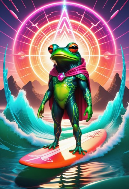A surreal scene featuring a Quantum-Pickle Frogsurfer, a humanoid frog with slick, green, semi-translucent skin resembling pickles, balancing effortlessly on a glowing quantum energy surfboard. The surfboard emits trails of neon pink and cyan light, warping space-time around it with rippling, kaleidoscopic effects. The frog wears retro-futuristic shades, a neon headband, and a billowing vaporwave-patterned cape. The background is a swirling ocean of liquid rainbows, punctuated by floating geometric shapes and glowing pyramids. Above, a gridline sunset in vibrant magentas and oranges radiates retro-futuristic vibes. The atmosphere is absurd and dreamlike, with bright, high-contrast colors and a playful, surreal tone. Style is vivid vaporwave surrealism, blending clean geometric lines with organic absurdity.