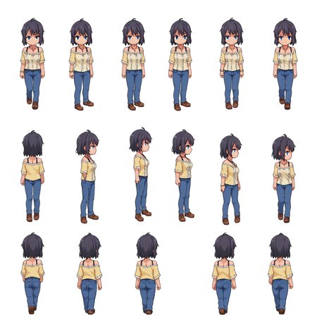 score_9, score_8_up, score_7_up, source_anime,
BREAK
 <lora:shiSpriteTestPart30:1.0>, sprite sheet, chibi, multiple views, how to, standing, ass, 
simple background, white background,
1girl, solo, 
<lora:shiYukSisV1:0.9> harudef, short hair, black hair, blue eyes, yellow shirt, cleavage, jewelry, necklace, bracelet, blue pants, off shoulder,