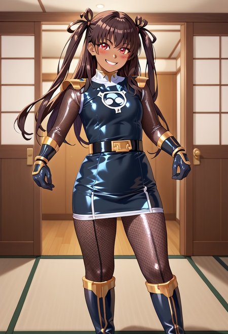 score_9, score_8_up, score_7_up, BREAK,
1girl, solo, defYuki, tan, dark-skinned female, brown hair, red eyes, two side up, long hair, sentaikageblue, shiny clothes, spandex, silver bodysuit, fishnet bodysuit, bodysuit under clothes, black dress, shoulder pads, black belt, black gloves, boots, boots, blush, small smile, looking at viewer, indoors, tatami, sliding door, room, night,