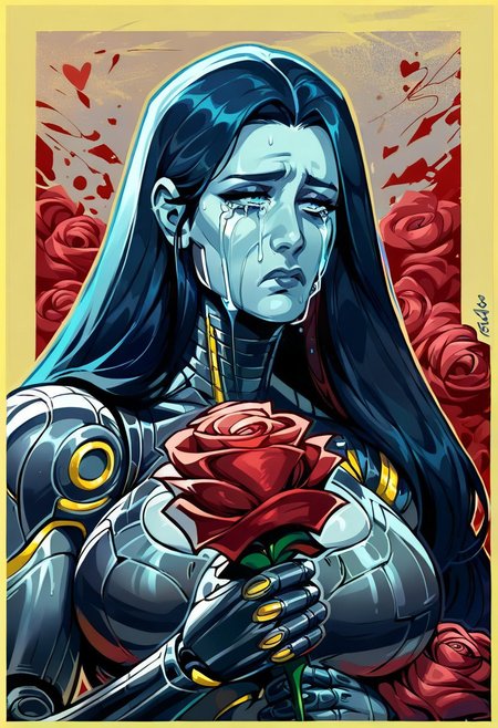 score_9, score_8_up, score_7_up, high quality, black and white with bright blue eyes red hair, grayscale image,  1 women,  ((cyborg clothing)), (holding red roses,:1.4)  sad, geometric broken heart background,  cyborg women, large breasts,  long hair,   crying,  portrait view,  sad, disappointed,   , aesthetic, (Yellow border around image,:1.3)