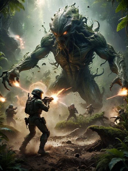 very dark focused war photo, amazing quality, masterpiece, best quality, hyper detailed, ultra detailed, UHD, perfect anatomy, portrait, dof, hyper-realism, majestic, awesome, inspiring,
Capture the thrilling showdown between the humongous alien colonist and his laser weapons
 and the earth space marine
 in an epic battle amidst swirling gravel and explosions. Embrace the action and chaos as these formidable forces clash in the heart of the green jungle of this otherwolrdly planet. 
cinematic composition, soft shadows, national geographic style, ethereal, dreamy, mysterious, fantasy, highly detailed
 <lora:EnvyInkSwirlXL01:0.2> swirling ink <lora:alienxl:0.2> alien, monster, creature, science fiction <lora:xl_more_art-full_v1:0.85> <lora:zavy-cntrst-sdxl:0.1> dark, chiaroscuro, low-key