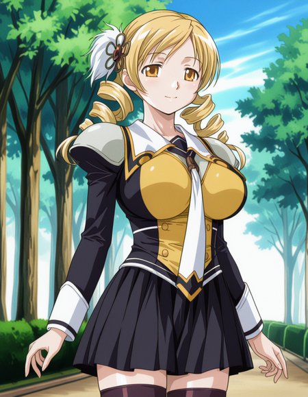 1girl, solo, tomoe mami, blonde hair, drill hair, trin drills, hair ornament, yellow eyes, smile, big breasts, St_Arcadia_Uniform, school uniform, black and yellow clothes, shoulder pads, white necktie, long sleeves, pleated skirt, black skirt, black thighhighs, cowboy shot, outdoors, trees, park, blue sky, anime coloring, (white background:1.2) <lora:discipline_uniform_ilxl_v1:0.8>