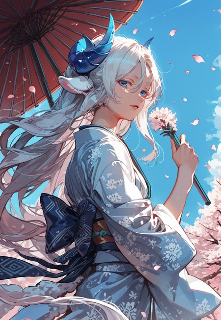 score_9, score_8_up, score_7_up, anime, best quality, 1boy, white hair, sky blue eyes, long eyelashes, white eyelashes, light skin, flat chest, perfect face, detailed body, cute, small, hair between the eyes, side-parted hair, small crystal horns, sky blue horns, fluffy sheep ears, white sheep ears, long dragon tail, long hair,
,
, 
dynamic pose, expressive, dynamic pose, dynamic angle, volumetric lighting, cinematic lighting,
,
,
kimono, holding umbrella, cherry blossom, looking at viewer, petals falling,