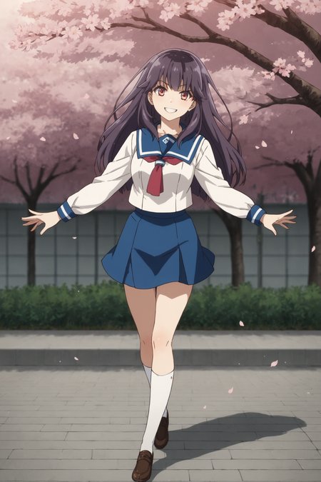 score_9, score_8_up, score_7_up, score_6_up, score_5_up, source_anime, rating_safe, outdoors, high school, cherry blossom, 1girl, solo, looking at viewer, (dynamic pose:1.5), (full body:1.1), homura chika, purple hair, long hair, red eyes, shimizu minami high school uniform, serafuku, long sleeves, blue collar, red neckerchief, white shirt, blue skirt, plaid skirt, white kneehighs, loafers, <lora:Chika_Homura:0.8>, <lora:age_slider_v4:2>, smile, teeth, wide open arms