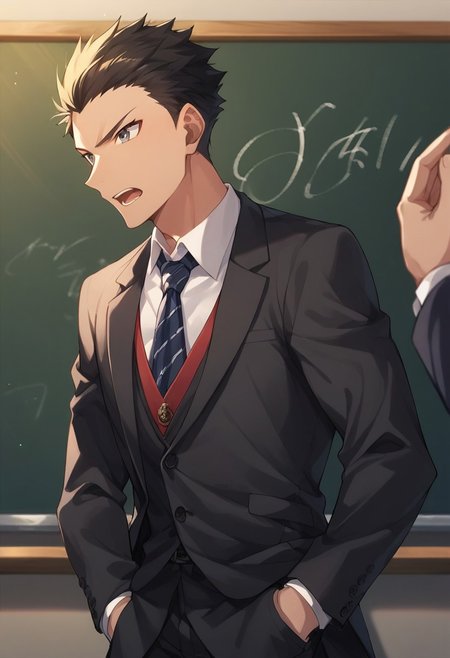 score_9, score_8_up, score_7_up, source_anime, rating_safe, teaching, hand with five fingers, Dredofuri, 1boy, male focus, grey eyes, formal suit, open mouth, serious, blackboard, chalkboard, hand in pocket,