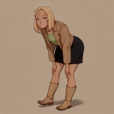 gygirl, 1girl, solo, short blonde hair, bangs, pink lips, brown eyes, tanned skin, closed brown jacket, green shirt, black skirt, brown boots