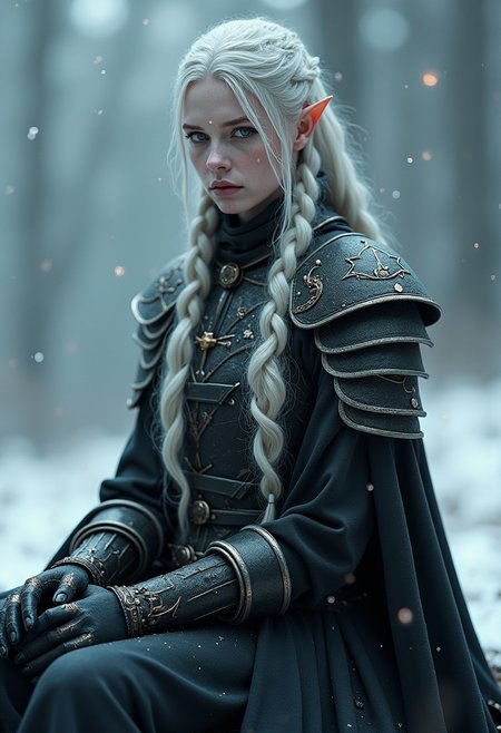 Full body potrait, hyperrealistic detail, Rendered in a fusion of photorealism and digital surrealism, Beautiful surreal high fantasy portrait, A Female warrior with dark, ashen skin and long, long silver-white hair, intricate braids, black Armor and clothes, facing the viewer stands amidst  snowflakes, ethereal and otherworldly presence, with sharp, elf-like ears and adorned in elaborate, dark armor with detailed engravings and metallic patterns. 
Her expression is somber and introspective as she sits quietly, her eyes are silver, in a cold and desolate landscape under a dim, moonlit sky. 
Her armor is very detailed with decorations, giving her an air of nobility,  Real sharp photo, snowing, snowflakes in the air, blurred background, rose gold minerals, shiny aura, highly detailed, Kirnan Shipka, Januz Miralles, Hikari Shimoda, glowing stardust by W. Zelme.  The overall effect is breathtaking and truly captivating,  shimmering skin that glows like the night sky, long, hair adorned with tiny, glowing stars, deep, cosmic eyes, ethereal  hues, mysterious and enchanting expression, dreamlike and mystical atmosphere,  RAW candid cinema, 16mm, color graded portra 400 film, remarkable color, ultra realistic, textured skin, remarkable detailed pupils, realistic dull skin noise, visible skin detail, skin fuzz, dry skin, shot with cinematic camera, detailed skin texture, (blush:0.2), (goosebumps:0.3), subsurface scattering, fluxenh4nce