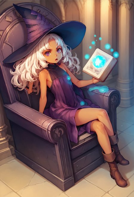score_9,score_8_up,score_7_up,score_6_up,source_anime,<lora:Vanillaware_XL:1>,solo,1girl,child,from above,petite,thin,looking at viewer,full body,serious,open mouth,dark skin,white hair,purple eyes,curly hair,long hair,flat chest,witch hat,purple dress,multicolored dress,bare legs,bare arms,brown boots,throne room,magic,holding book,sitting,crossed legs,