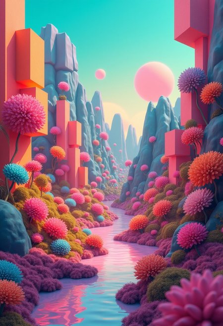 A surreal dream garden where flowers and plants are composed of various geometric shapes like cubes, spheres, and pyramids. The colors are vibrant and otherworldly, with a mix of neon and pastel tones. The landscape is fluid and abstract, with floating elements and impossibly shaped terrains. The sky is a gradient of surreal colors, adding to the fantasy feel.