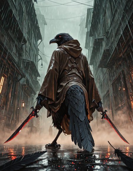 embedding:IllusP0s
,anthropomorphic crow assassin, crow head, black feathers,holding daggers, poisoned weapons, dual wielding, reverse grip, crouched,huge brown hooded cloak, leather straps, smirk, looking back over the shoulder
,raining, darkness,fog, dark alley, stained, poisoned weapons
,from behind,from below, wide shot, depth of field, realism, no humans, animal focus, light particles