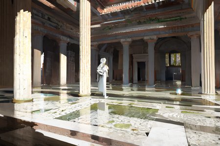 highly insanely detailed, masterpiece, top quality, best quality, highres, 4k, 8k, RAW photo, (very aesthetic, beautiful and aesthetic),  
Ancient Roman Interior Design,RomInt,ancient_roman_atrium,compluvium,impluvium,ancient_roman_bathroom,Balneum,functional_design,open_air_light, 
<lora:RomanInterior-10:1>, 
(1girl:1.3), 
1other, 
, 
, 
, 
(vast plains landscape) , overcast skies, 
,âââ