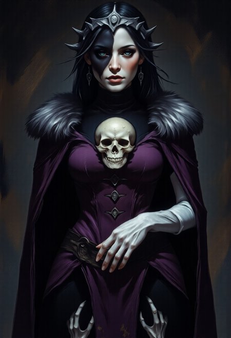 Hel, the Norse Goddess of Death, is a haunting figure, embodying both life and decay. Her long hair cascades down her back, split perfectly—one side as dark as a moonless night, the other as pale as lifeless bone. This stark contrast mirrors her dual existence, ruling over the dead yet tethered to the living.
Her regal attire is woven from deep violet and black fabrics, adorned with skeletal motifs and cold iron embellishments. A heavy, fur-lined cloak drapes over her shoulders, exuding both nobility and dread. The corset-like bodice clings to her frame, reinforced with sharp, ivory-colored ribs, while a skull-shaped belt buckle marks her dominion.
Her face is a tale of two realms—one side smooth, with dark eyes lined in kohl, her lips black as night. The other is grotesque, rotting away to expose cracked bone and blackened veins, a chilling reminder of death’s inevitability. Upon her brow sits a jagged crown, twisted and worn, a mark of her eternal reign.
In one hand, she cradles a pale, cracked skull, while the other reaches forward, fingers curled as if summoning the souls of the fallen. Beneath her, skeletal hands claw their way from the abyss, drawn to her presence. Her aura is cold, merciless, and inescapable—Hel, the Queen of the Dead, forever straddling the boundary between the living and the lost.