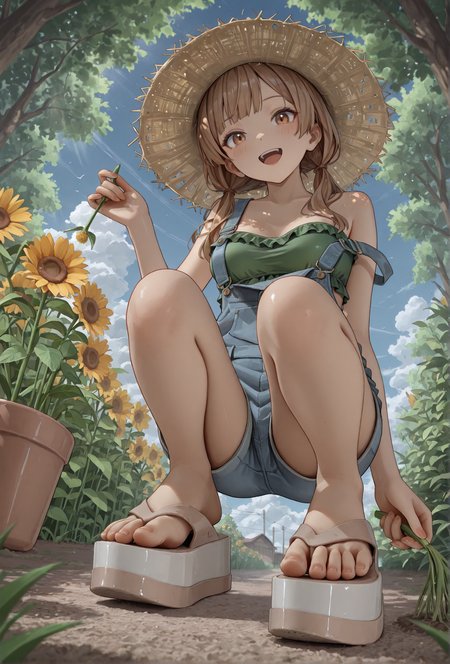 masterpiece, best quality, 
(mlsa flip flops), (platform footwear:1.2), green footwear,
low angle, foot focus,
1girl, 
squatting,
straw hat, gardening, outdoors, dappled sunlight,
short denim overalls, strap slip, green frilled bandeau top,
medium breasts, 
happy, cute face,
