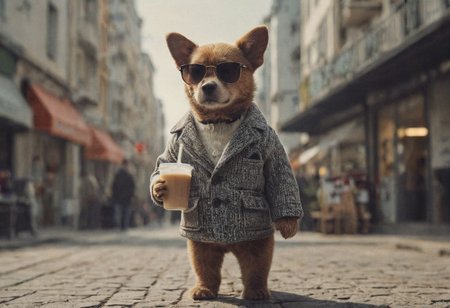 A teddy dog, wearing a fashionable jacket, sunglasses and white shoes, is walking on the fashionable street, holding a cup of milk tea in his hand, with the fashionable commercial plaza in the background. Pictures are of high quality and high definition. 
<lora:add-detail-xl:0.95> <lora:dvr-lnds-sdxl:0.3> dvr-lnds-sdxl <lora:MJ52:0.25> <lora:ral-apoctvisn-sdxl:0.3> ral-apoctvisn <lora:zavy-cntrst-sdxl:0.35> dark, chiaroscuro, low-key <lora:zavy-rmlght-sdxl:0.41> zavy-rmlght <lora:SDXLFaeTastic2400:0.225>