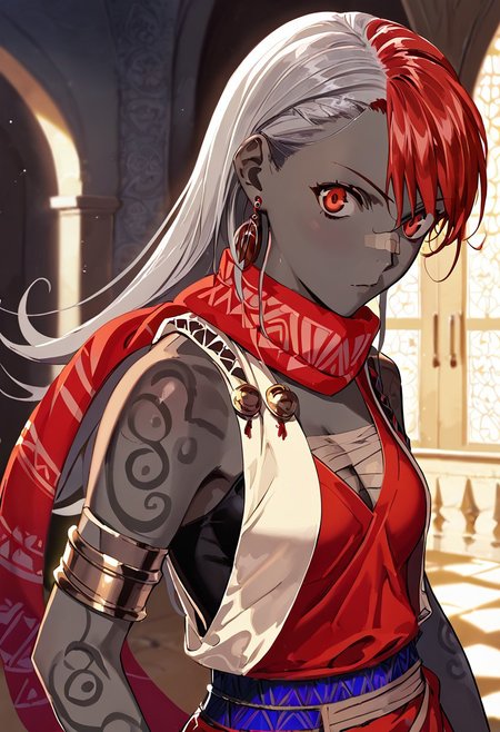 score_9, score_8_up, score_7_up,
indoors background, detailed face, detailed hands, detailed clothing,
BREAK
source_anime, country of ethiopia, ethiopian castle, throne room,
BREAK
1girl, ((black skin)), frowning, grey hair, red hair, multicolored hair, long hair, curly hair, gradient hair, red eyes, dynamic pose, african tribal outfit, red long skirt with tribal motif, medium breasts, bandaged chest, leopard skin motif, leopard skin bandage, earrings, (jacket on shoulders), ethiopian motif, leopard skin scarf, creative front angle, looking at viewer, upper body focus, somewhat modest clothing, solo,
