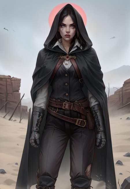 safe_pos, ((zPDXL3)), OZRN, digital art, score_9,score_8_up,score_7_up,score_6_up, face focus, waist-up portrait, absurdres, masterpiece, high res, detailed, 
1girl, solo, (beautiful, black hair, blue eyes, white skin, asymmetrical hair, long hair), (black robe, cape, hood down, breastplate, gauntlets, belt, pants, belt boots), beautiful woman, calm expression, makeup, beautiful woman, action pose,
BattleDamage, cuts, bruises,
in danger, distressed, alarmed, (combat stance), 
dramatic, danger, dutch angle, dof, sand desert background, red sand, perfect, Hand, detailed, perfection, hands, 
<lora:bastilashan:1> <lora:Battle_Damage:0.3> <lora:hand 4:0.5>