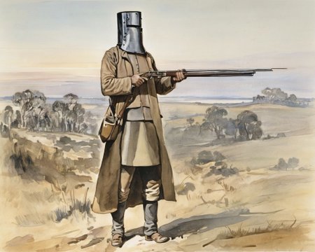 <lora:nedkelly_e10_r4_xl:0.8>,
nedkelly, a man in a bank, wearing trench coat, helmet, makeshift armor, lit by afternoon sun, 19th century australia, holding shotgun, from side, muted colors, movie,