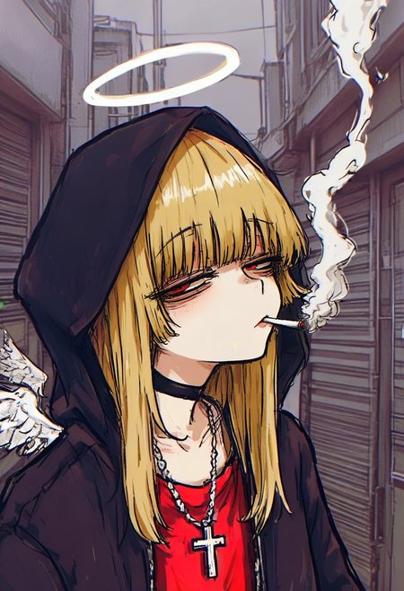 1girl, hood, blonde hair, halo, solo, cigarette, smoking, choker, red eyes, jewelry, necklace, cross, smoke, looking at viewer, red shirt, jacket, cross necklace, hooded jacket, hood up, black choker, shirt, wings, upper body, hoodie, long hair, bangs, half-closed eyes <lora:748cmXL_NBVP1_lokr_V6311P:0.95>