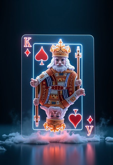 Crea una imagen de la carta del Rey de Corazones de la baraja americana convertida en un holograma 3D fascinante. El Rey parece cobrar vida, atravesando los límites de la carta mientras flota en el aire. Su corona, capa y espada resplandecen con tonos de neón, emitiendo destellos futuristas que difuminan la barrera entre lo digital y lo físico. La carta se transforma en una experiencia visual envolvente, invitándote a un universo donde tecnología y magia convergen en perfecta armonía. Este holograma, pensado para espacios de innovación y creatividad, se despliega en una atmósfera llena de sorpresas y asombro, atrapando la atención de todos.
