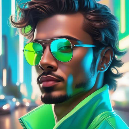 an image picture of a handsome young man, light blue and light green, <lora:NeonifyV2-000002:0.5> nnfy neon realism