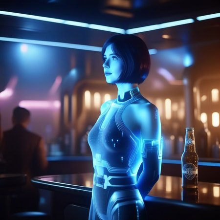 cinematic photo full body portrait 1girl, short hair, blue skin, science fiction, transparent hologram, having a beer in a spaceship  pub  <lora:Cortana1024:0.8> . 35mm photograph, film, bokeh, professional, 4k, highly detailed