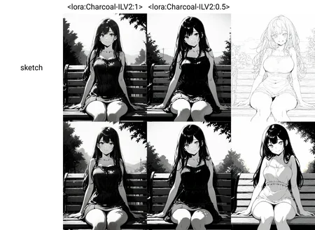 very awa, masterpiece, best quality, highres, absurdres, charcoalPaint, greyscale,  sketch, 1girl, solo, long hair, short dress, park bench, sitting, smile, sunset , eye focus,  <lora:Charcoal-ILV2:1> , <lora:NOOB_vp1_detailer_by_volnovik_v1:1>