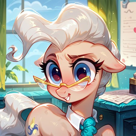 rating_safe, score_9, score_8_up, score_7_up, pony, feral, cute, Mayor Mare, 1girl, non-human, glasses, blue eyes, beige skin, quadruped, animal, pony, gray hair, tail, indoors, pretty face, curvy and petite, heavy blush, light makeup, volumetric lighting, vivid colours, detailed, shiny