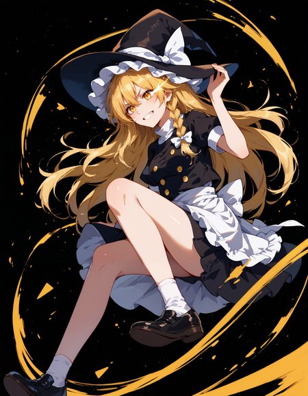 score_9, score_8_up, score_7_up, source_anime, BREAK 1girl, kirisame marisa, blonde hair, yellow eyes, single braid, clenched teeth, serious, medium breasts, witch hat, white ribbon, black skirt, black shirt, short sleeves, waist apron, frill trim, black footwear, full body, (three-quarter view, from side), leg attack, one leg bent, (looking down), floating, (mid air), [black background:dark library:0.2], time stop, by sheya,
<lora:Sheya_PonyXL_style_v01:0.4> <lora:kirisame_marisa_pony:0.85> <lora:Expressive_H:0.4>