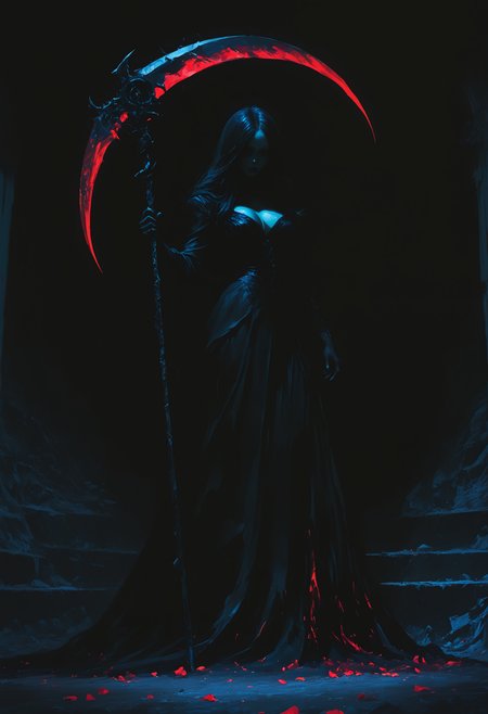 masterpiece, best quality, good quality, very awa, very aesthetic, absurdres, newest, 1girl, solo, long_hair, black_hair, dress, holding, cleavage, standing, weapon, black_dress, torn_clothes, petals, colored_skin, long_dress, scythe, torn_dress, holding_scythe, photo \(medium\), painterly, no lineart, blending, scenery, volumetric lighting, opill, 748cmstyle