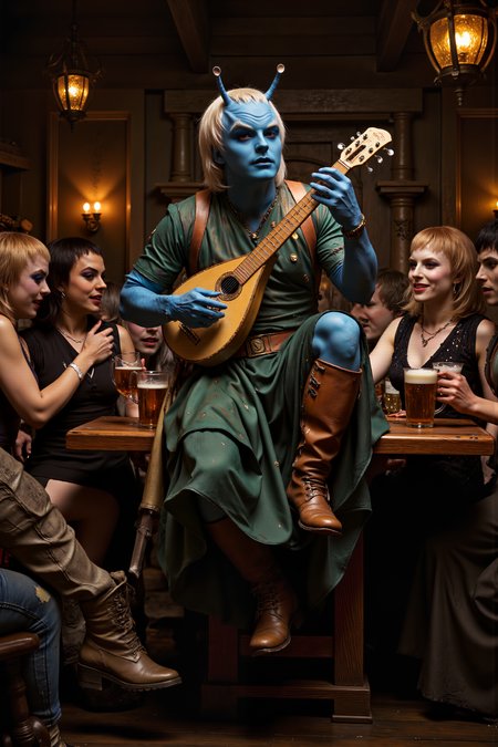In a bustling medieval tavern, an Andorian bard sits atop a wooden table, strumming a lute while his antennae sway to the lively music. His blue skin contrasts with the warm, golden glow of the lanterns hanging from the low-beamed ceiling. Around him, villagers laugh and cheer, their mugs of ale sloshing as they stomp their feet to the rhythm of the tune. The Andorian's flowing, green tunic and leather boots are caked with dust from the road, but he plays with the confidence of someone used to charming crowds. Behind him, a barmaid struggles to keep up with the orders, her hands full of frothing mugs, while a pair of rowdy knights challenge each other to a drinking contest. The Andorianâs antennae bob in perfect sync with his upbeat melody, the lively tune lifting the spirits of everyone in the room. A mischievous grin spreads across his face as he hits the high notes, his antennae wiggling with excitement as the tavern patrons clap and cheer. It's a night of revelry, and the Andorian bard is the star of the show.<lora:midjourney_whisper_flux_lora_v01:0.55><lora:aidmaMJ6.1-FLUX-V0.1:0.4><lora:FluxMythP0rtr4itStyle:0.4><lora:detailed_flux_ntc:2.2><lora:aidmaImageUpgrader-FLUX-V0.1:0.65><lora:andorian_FLUX>