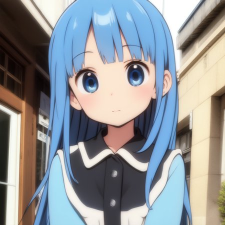 best quality, masterpiece, skyblue hair, blue eyes,  upper body, street