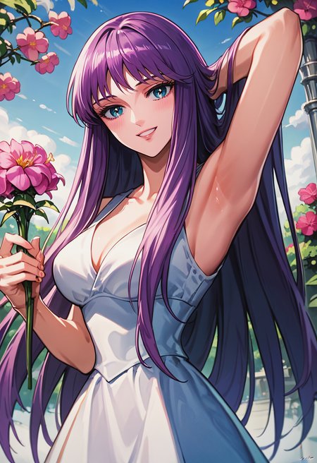score_9, score_8_up, score_7_up, best quality, intricate details, source anime, rating explicit, BREAK
Placing hands behind head, love gaze, blush, parted lips, light smile, head tilt, 
athenakido, purple hair, long hair, aqua eyes, bangs, sleevesdress, <lora:SaoriKido_Pony_v02-10:1> 
flowers, holding flower, smile