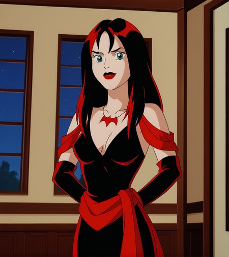 score_9,score_8_up, score_7_up,
hexthorn, 1girl, solo, long black hair with red highlights, green eyes, 
black and red dress with red draped sleeves, red sash, elbow gloves, red bat necklace, lipstick, 
hands behind back, indoors, window, night, night sky, 
retro_artstyle, cartoon, source_cartoon, lowres, 1990s_style,
<lora:Thorn_The_Hex_Girls:.9>