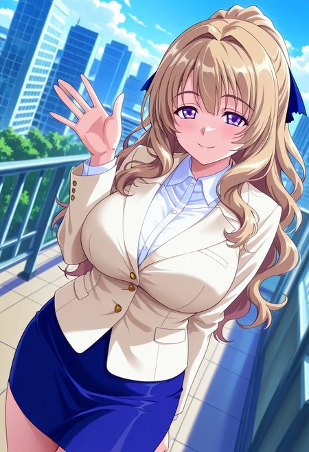 general,highres, ultra-detailed,very aesthetic,best quality ,best hands,best eyes,easynegative,
dynamic anglre, dutch angle, anime cloring,
1girl solo,looking at viewer,city,outdoors,smile,smile, waving hand, shirt,skirt,
Mikako Majima,blonde_hair,long_hair, wavy hair, purple eyes, huge_breasts, hair  ribbon,suits,shirt,skirt,jacket,