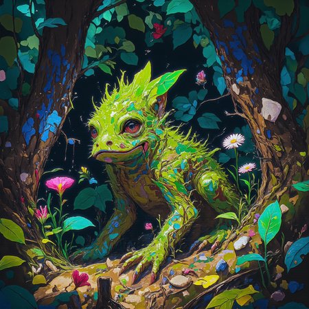 famous artwork inspired by (larry elmore:1.3) and (eyvind earle:1.2) and (anthony s. waters:1.1), , the "reckless twinklezoink", an agile bog dweller, covered in drizzlespattering leaves and most often accompanied by the tiny bioluminescent "rubbery fiffertangler", it glymfuddels among gnarled trees and the enchanted skrunkleboopflowers in the heart of the lush varpstered lands of planet "thisoneismine x", highly detailed, intricate details, db4rz style painting, aidmamj6.1 <lora:style-henry_daubrez-flux-by_blairesilver13:1.0> <lora:midjourney_61-v0.4-flux-by_aidma:0.96> <lora:image_enhancer-flux-by_dever:0.48> <lora:faetastic_details-flux-by_faeia:0.6>